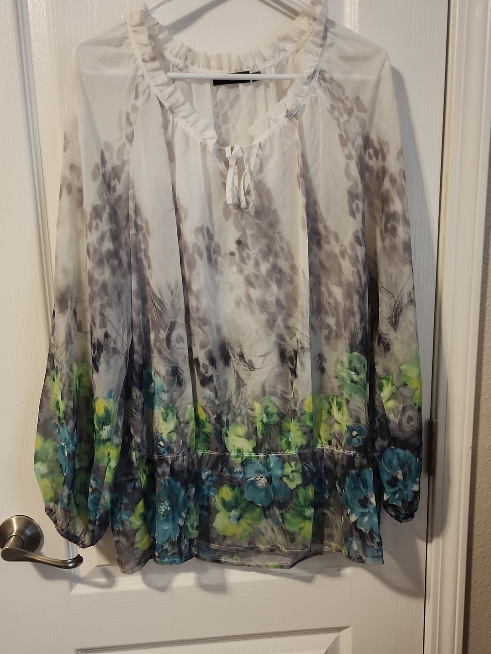 FYLO White Sheer Blouse with Blue & Green Floral Hem